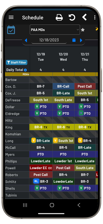 Mobile schedule screen dark