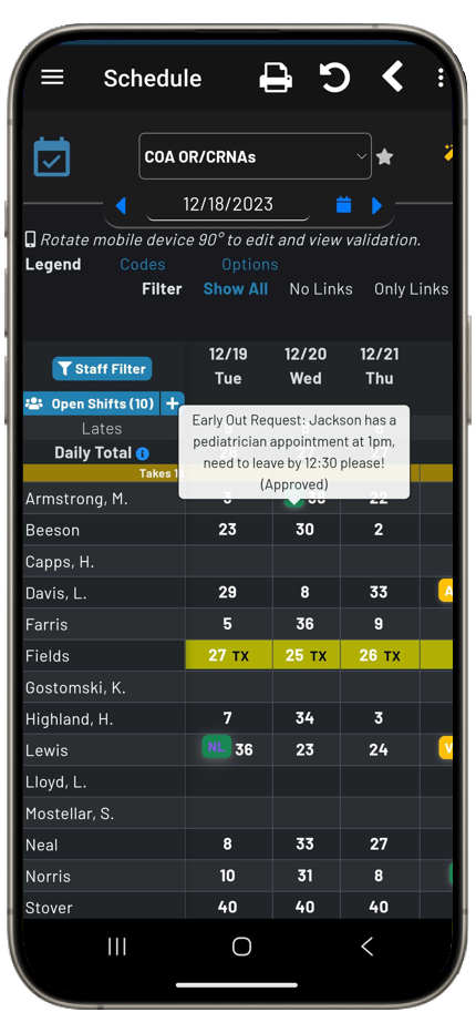 Mobile calendar screen dark